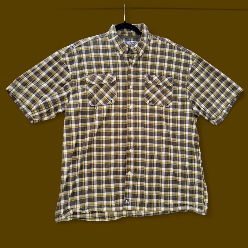 HEYBO Green Brown Plaid Short Sleeve Button Down Fishing Shirt Men's Large